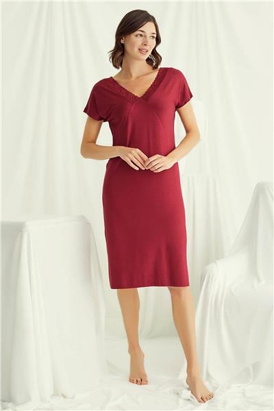 Monamise 18518 Kadın V Yaka Dantelli Düğmeli Kısa Kollu Gecelik-Kırmızı