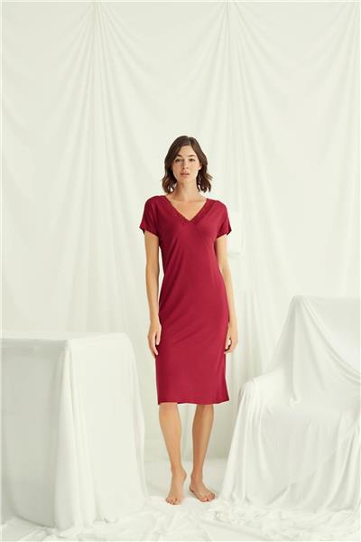 Monamise 18518 Kadın V Yaka Dantelli Düğmeli Kısa Kollu Gecelik-Kırmızı