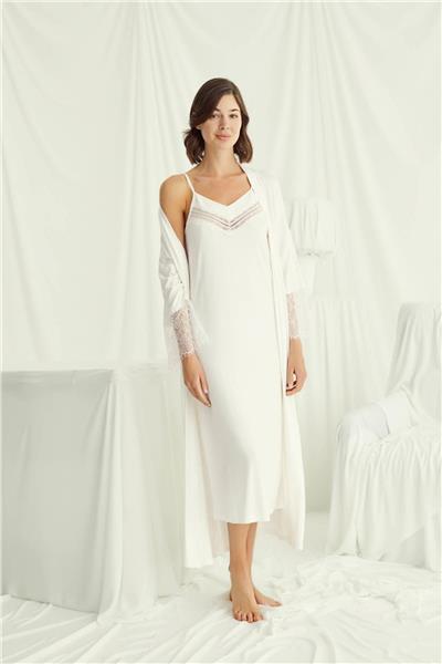 Monamise 18519 Kadın İp Askılı Gecelik Sabahlık Takım-Ekru