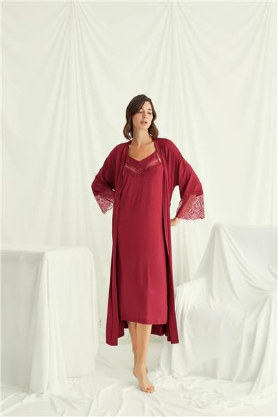 Monamise 18520 Kadın İp Askılı Gecelik Sabahlık Takım-Kırmızı