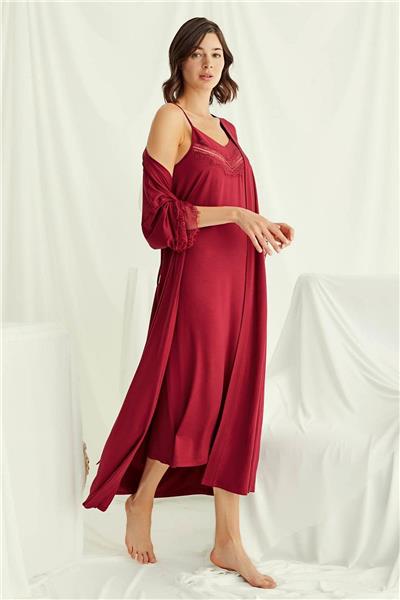 Monamise 18520 Kadın İp Askılı Gecelik Sabahlık Takım-Kırmızı