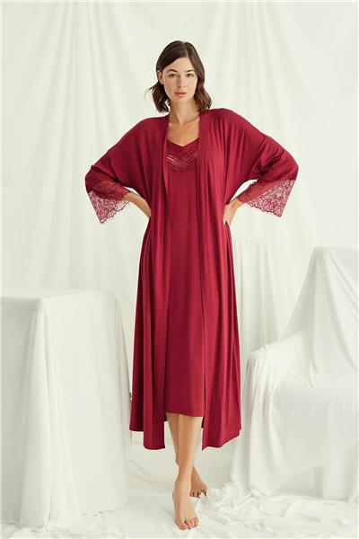 Monamise 18520 Kadın İp Askılı Gecelik Sabahlık Takım-Kırmızı