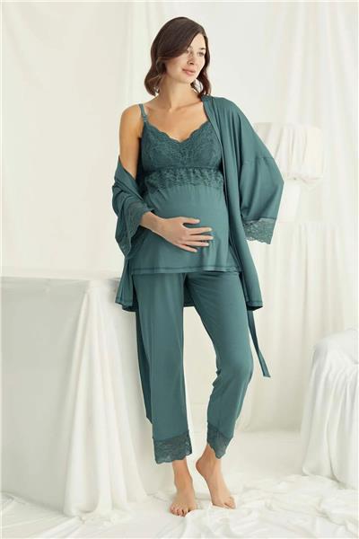 Monamise 18523 Hamile Lohusa Sabahlıklı Pijama Takım-Yeşil