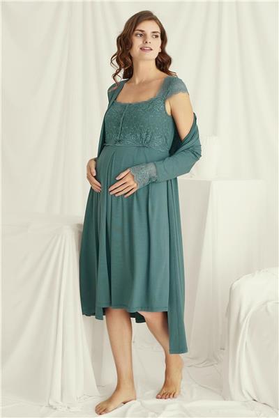 Monamise 18534 Hamile Lohusa Sabahlıklı Gecelik Takım-Yeşil