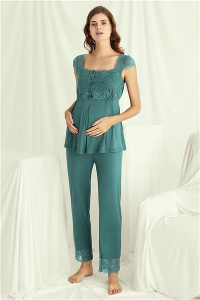 Monamise 18535 Hamile Lohusa Sabahlıklı Pijama Takım-Yeşil