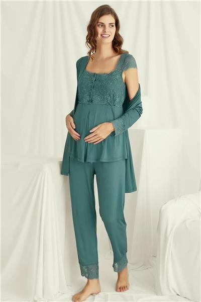 Monamise 18535 Hamile Lohusa Sabahlıklı Pijama Takım-Yeşil