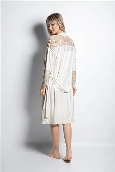 Monamise 19150 Kadın İp Askılı Dantelli Gecelik Sabahlık Takım-Ekru