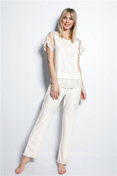 Monamise 19152 Kısa Kollu Pijama Takım  - Ekru