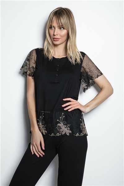 Monamise 19171 Kadın Kısa Kollu Pijama Takımı-Siyah