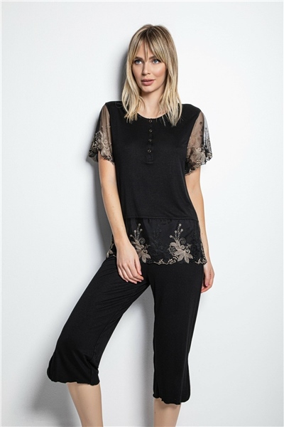 Monamise 19172 Kadın Kısa Kollu Kapri Pijama Takım-Siyah