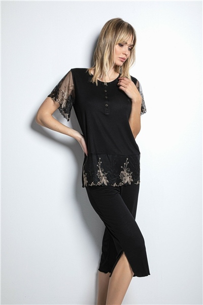 Monamise 19172B Büyük Beden Kadın Kısa Kollu Kapri Pijama Takım-Siyah