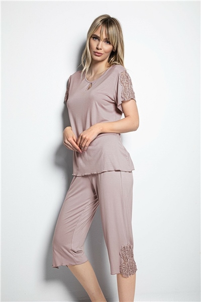 Monamise 19180B Büyük Beden Kadın Kısa Kollu Kapri Pijama Takım-Vizon