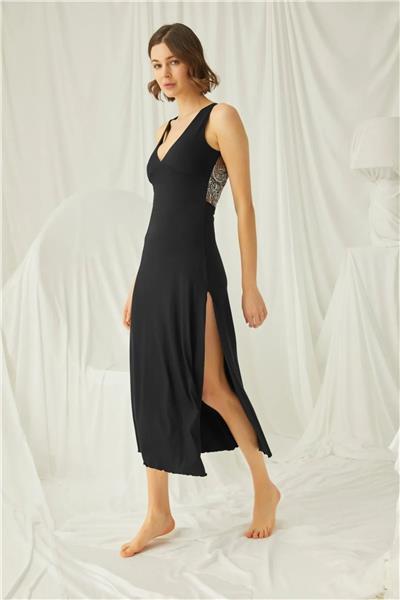 Monamise 19192 Kadın Kalın Asklılı Yakası Ve Sırtı Dekolteli Brode Dantelli Yırtmaçlı Gecelik-Siyah