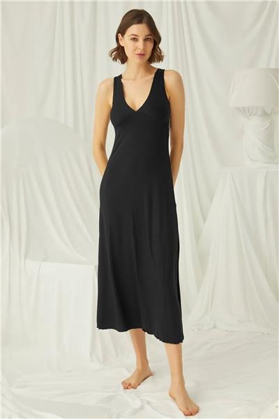 Monamise 19192 Kadın Kalın Asklılı Yakası Ve Sırtı Dekolteli Brode Dantelli Yırtmaçlı Gecelik-Siyah