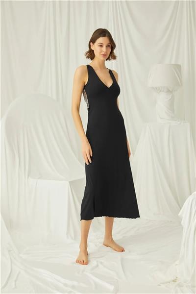 Monamise 19192 Kadın Kalın Asklılı Yakası Ve Sırtı Dekolteli Brode Dantelli Yırtmaçlı Gecelik-Siyah