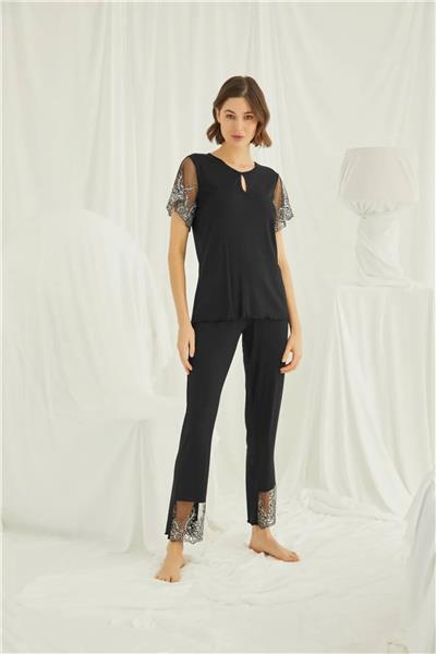 Monamise 19193 Kadın Kısa Kollu Pijama Takımı-Siyah