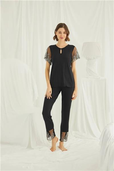 Monamise 19193 Kadın Kısa Kollu Pijama Takımı-Siyah