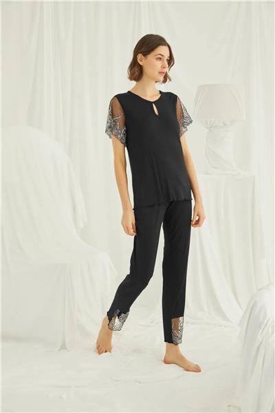 Monamise 19193 Kadın Kısa Kollu Pijama Takımı-Siyah