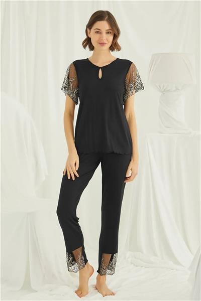 Monamise 19193 Kadın Kısa Kollu Pijama Takımı-Siyah