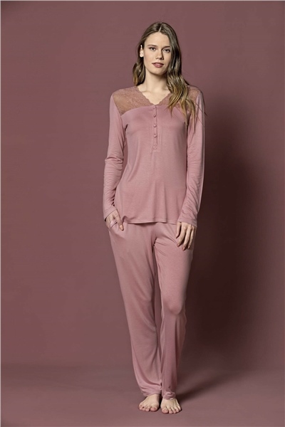 Monamise 19215 Kadın Uzun Kollu Pijama Takım-Pembe