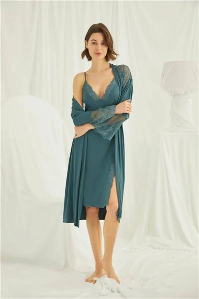 Monamise 19299 Kadın Brode Dantelli Sabahlıklı Gecelik Takım-Yeşil