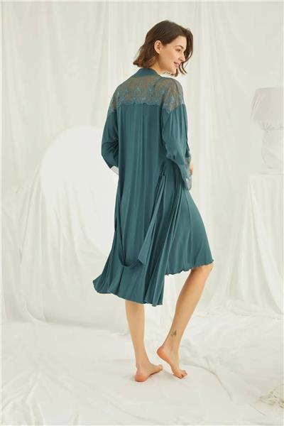Monamise 19299 Kadın Brode Dantelli Sabahlıklı Gecelik Takım-Yeşil
