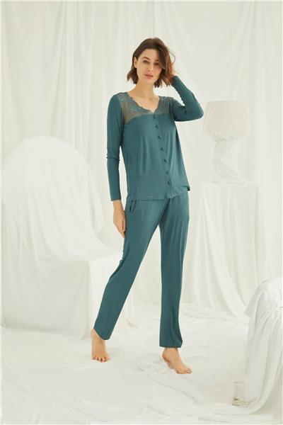 Monamise 19307 Kadın Uzun Kollu Yakası Ve Omzu Dantelli Önü Boydan Düğmeli Pijama Takımı-Yeşil