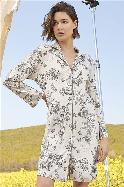 Monamise 21150 Kadın Uzun Kollu Önden Düğmeli Gömlek Gecelik-Yeşil