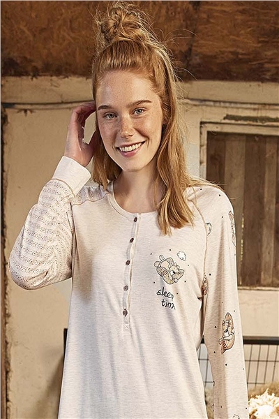 Monamise 21168 Kadın Uzun Kollu Gecelik-Bej