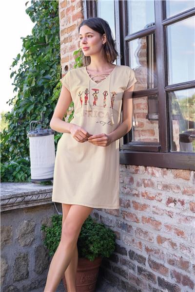 Monamise 22080 Kadın Kısa Kollu Gecelik-Bej