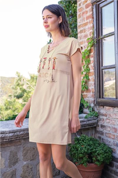 Monamise 22080 Kadın Kısa Kollu Gecelik-Bej