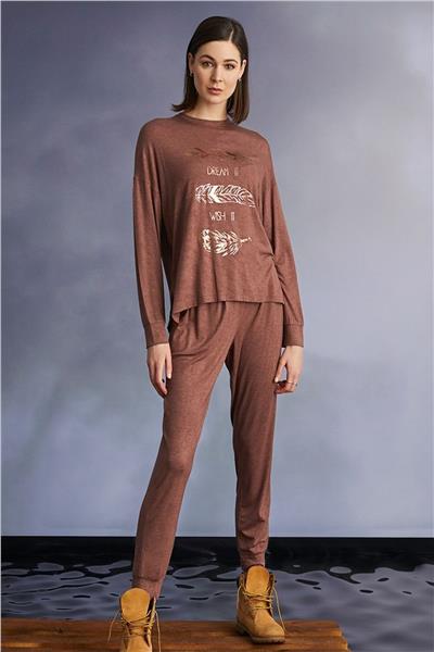 Monamise 22113 Kadın Uzun Kollu Pijama Takımı-Tarçın