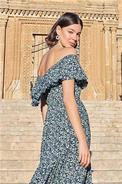 Monamise 23020 Kadın Volanlı Elbise-Lacivert