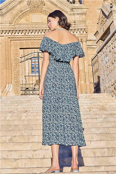 Monamise 23020 Kadın Volanlı Elbise-Lacivert