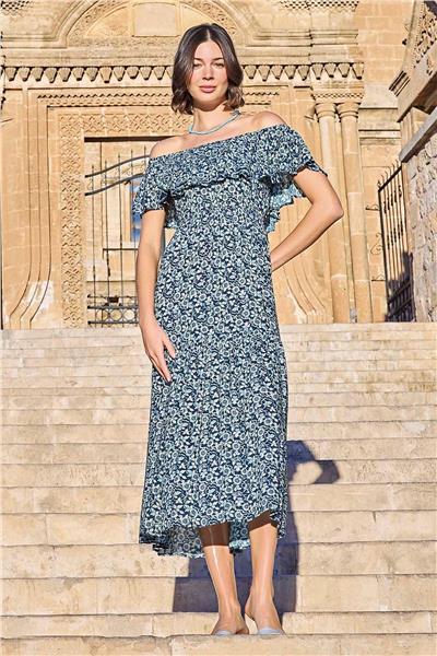 Monamise 23020 Kadın Volanlı Elbise-Lacivert