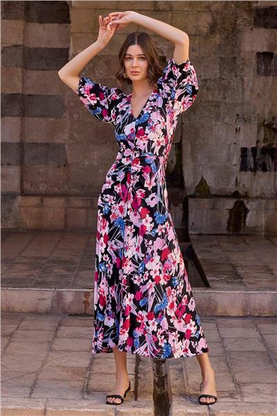 Monamise 23025 Kadın Fakir Kol Çiçekli Elbise-Çiçekli