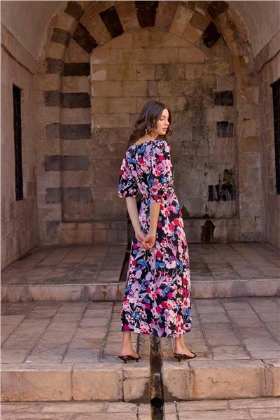 Monamise 23025 Kadın Fakir Kol Çiçekli Elbise-Çiçekli