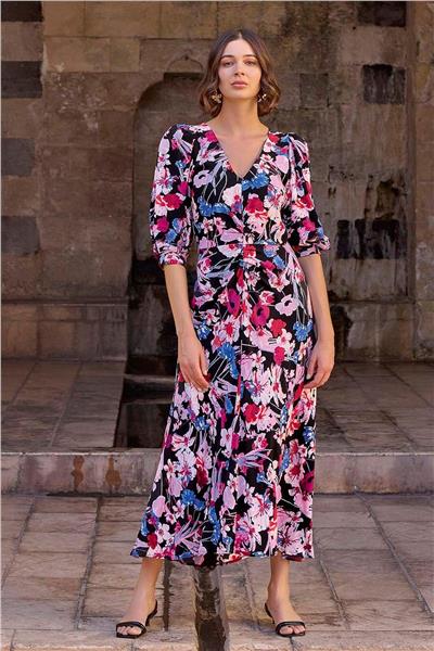 Monamise 23025 Kadın Fakir Kol Çiçekli Elbise-Çiçekli