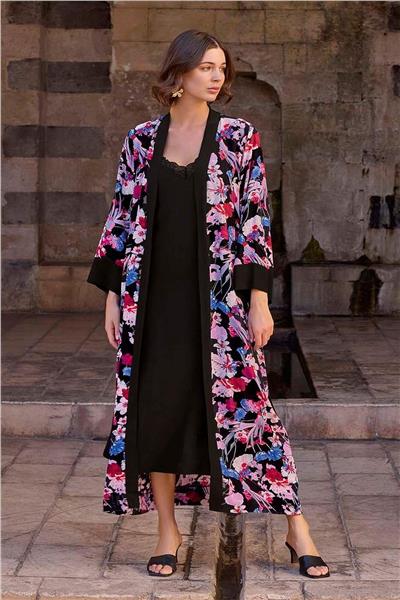 Monamise 23028 Kadın İp Askılı Gecelik Sabahlık Takım-Siyah