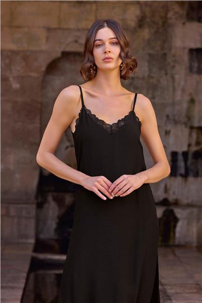 Monamise 23028 Kadın İp Askılı Gecelik Sabahlık Takım-Siyah