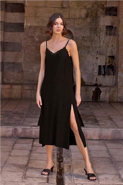 Monamise 23028 Kadın İp Askılı Gecelik Sabahlık Takım-Siyah