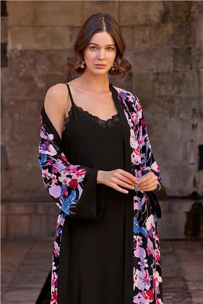 Monamise 23028 Kadın İp Askılı Gecelik Sabahlık Takım-Siyah