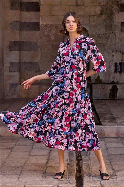 Monamise 23029 Kadın Gömlek Yakalı Önden Düğmeli Kloş Elbise-Çiçekli