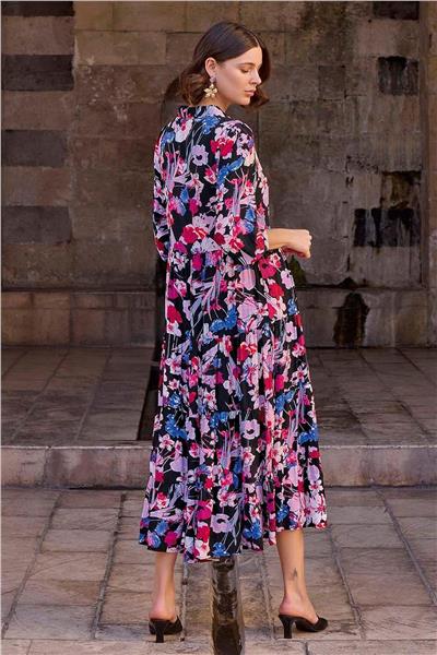 Monamise 23029 Kadın Gömlek Yakalı Önden Düğmeli Kloş Elbise-Çiçekli