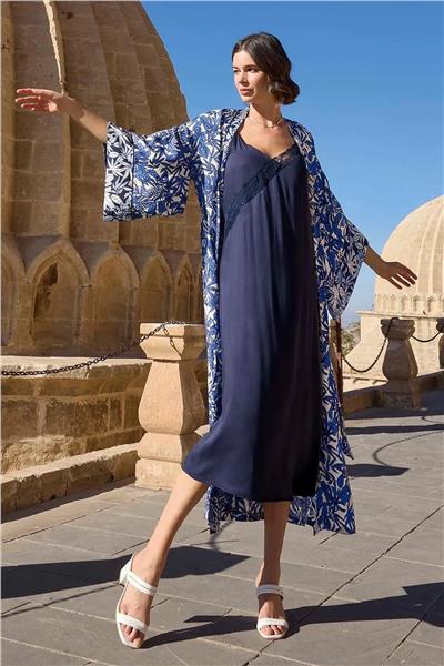 Monamise 23038 Kadın İp Askılı Gecelik Sabahlık Takım-Lacivert