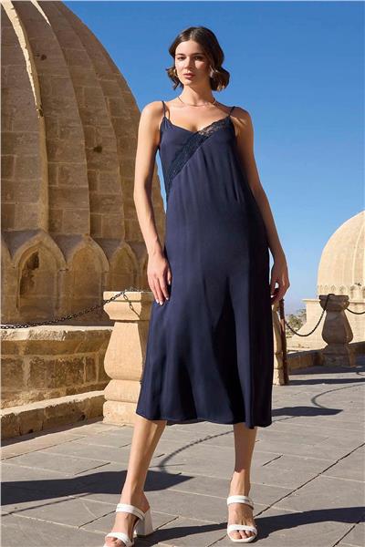 Monamise 23038 Kadın İp Askılı Gecelik Sabahlık Takım-Lacivert