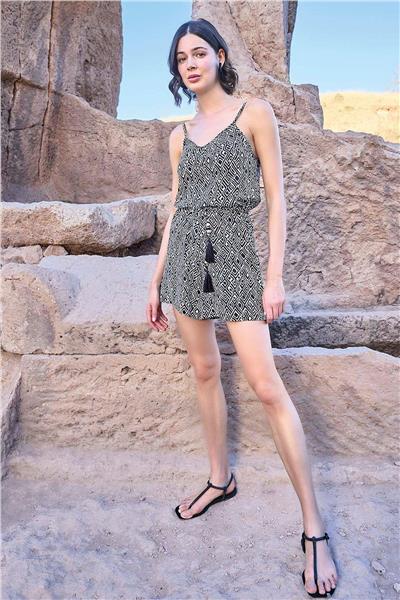 Monamise 23047 Kadın Etnik Desen İp Askılı Kısa Tulum-Siyah