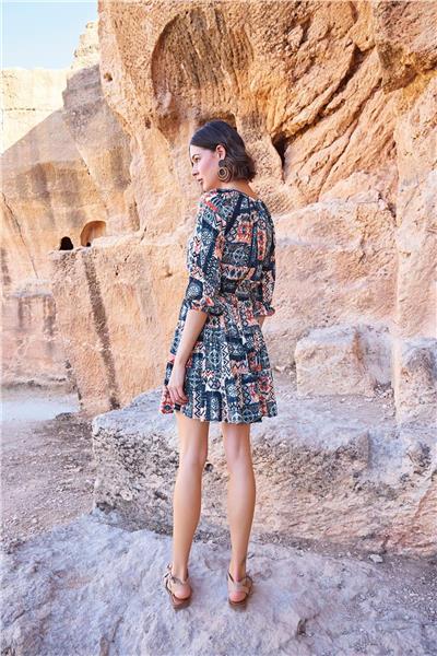 Monamise 23064 Kadın Etnik Desen Truvakar Kol V Yaka Elbise-Lacivert