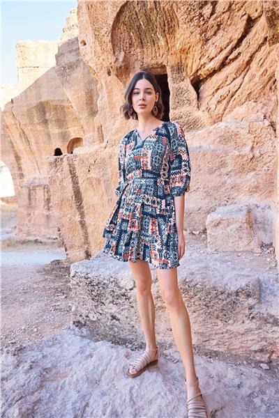 Monamise 23064 Kadın Etnik Desen Truvakar Kol V Yaka Elbise-Lacivert