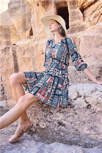 Monamise 23064 Kadın Etnik Desen Truvakar Kol V Yaka Elbise-Lacivert